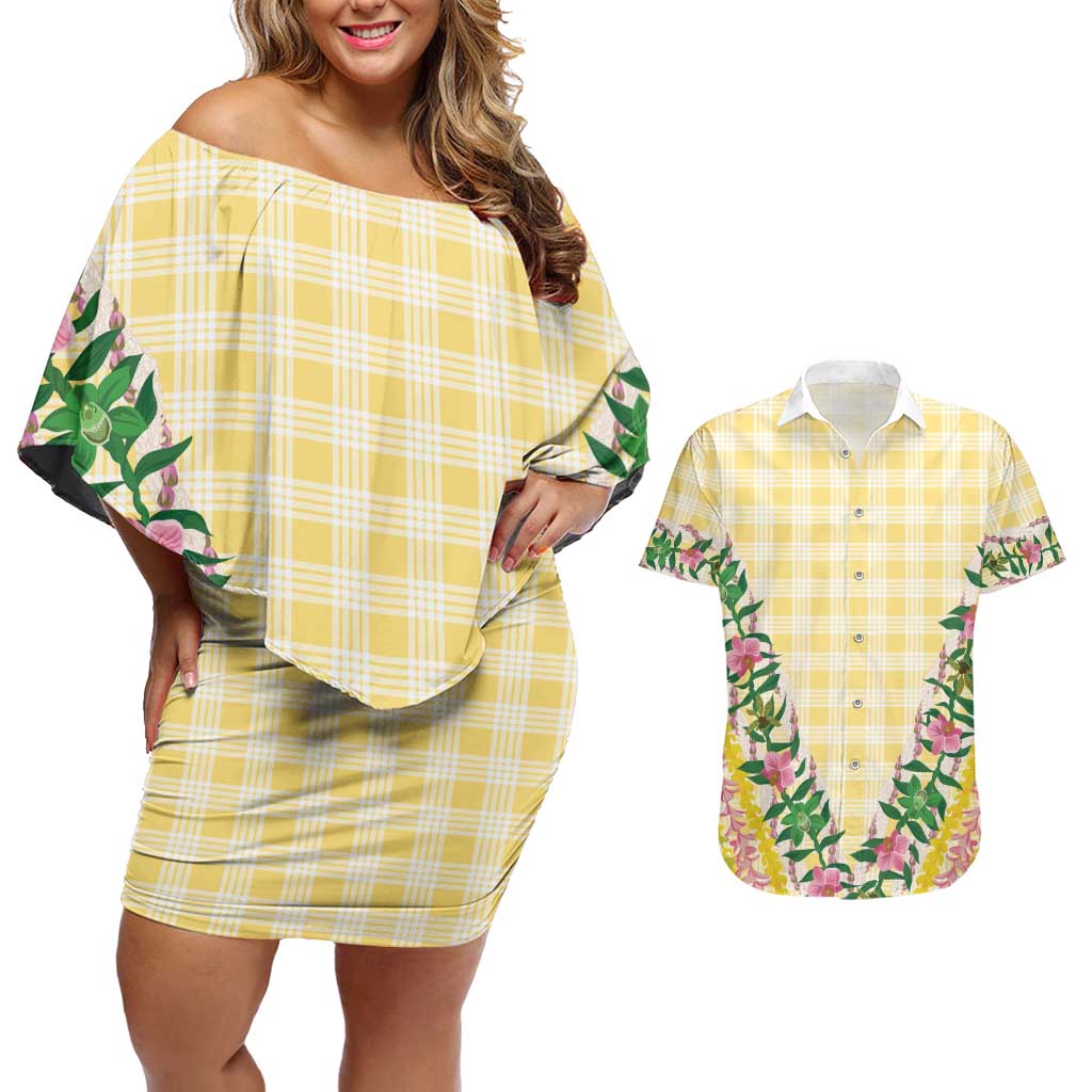 Hawaii Pikake Lokelani Plumeria Lei Couples Matching Off Shoulder Short Dress and Hawaiian Shirt Yellow Palaka Motifs