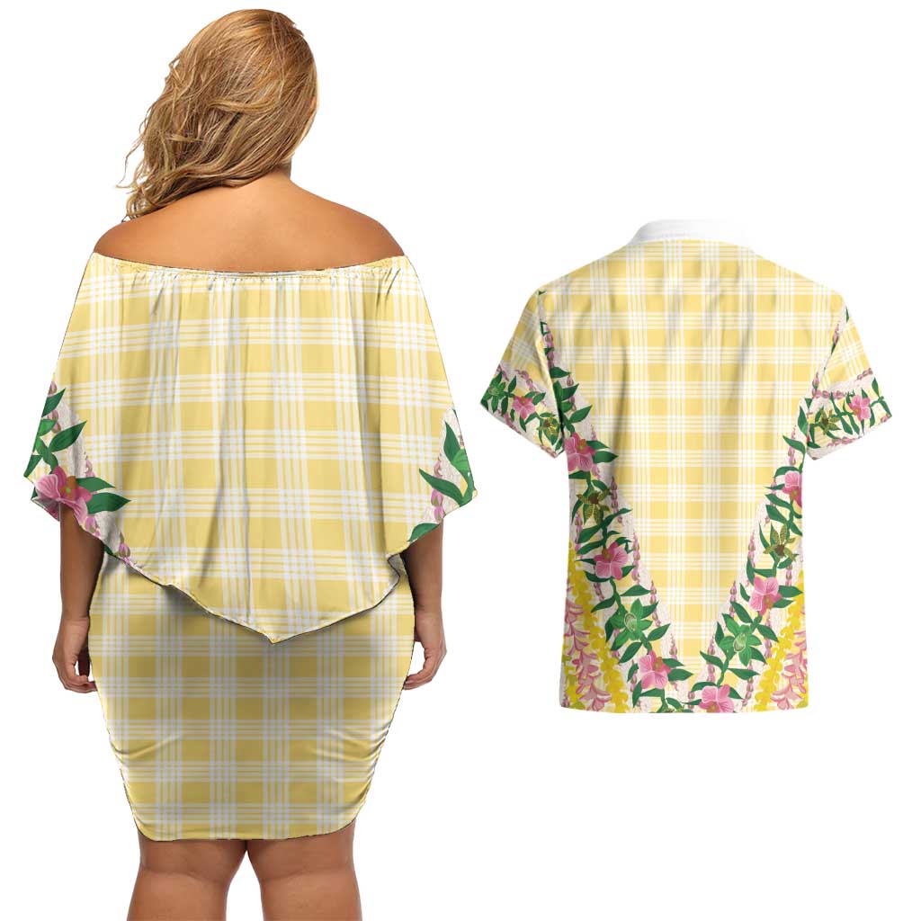Hawaii Pikake Lokelani Plumeria Lei Couples Matching Off Shoulder Short Dress and Hawaiian Shirt Yellow Palaka Motifs LT05 - Polynesian Pride