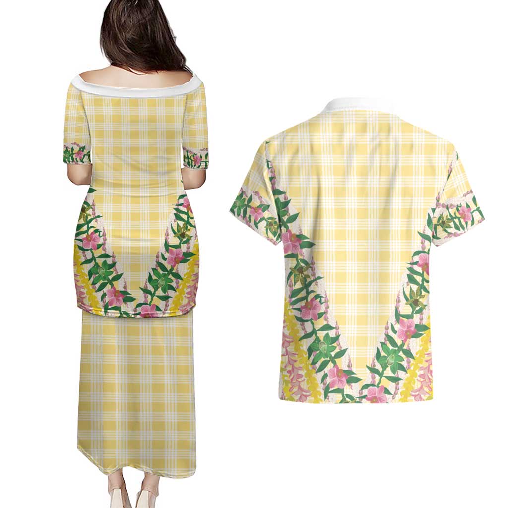 Hawaii Pikake Lokelani Plumeria Lei Couples Matching Puletasi and Hawaiian Shirt Yellow Palaka Motifs LT05 - Polynesian Pride