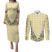 Hawaii Pikake Lokelani Plumeria Lei Couples Matching Puletasi and Long Sleeve Button Shirt Yellow Palaka Motifs LT05 Yellow - Polynesian Pride