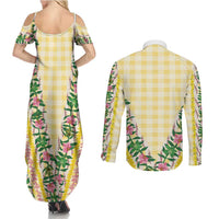 Hawaii Pikake Lokelani Plumeria Lei Couples Matching Summer Maxi Dress and Long Sleeve Button Shirt Yellow Palaka Motifs LT05 - Polynesian Pride