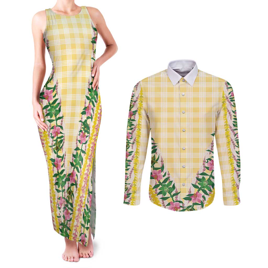 Hawaii Pikake Lokelani Plumeria Lei Couples Matching Tank Maxi Dress and Long Sleeve Button Shirt Yellow Palaka Motifs