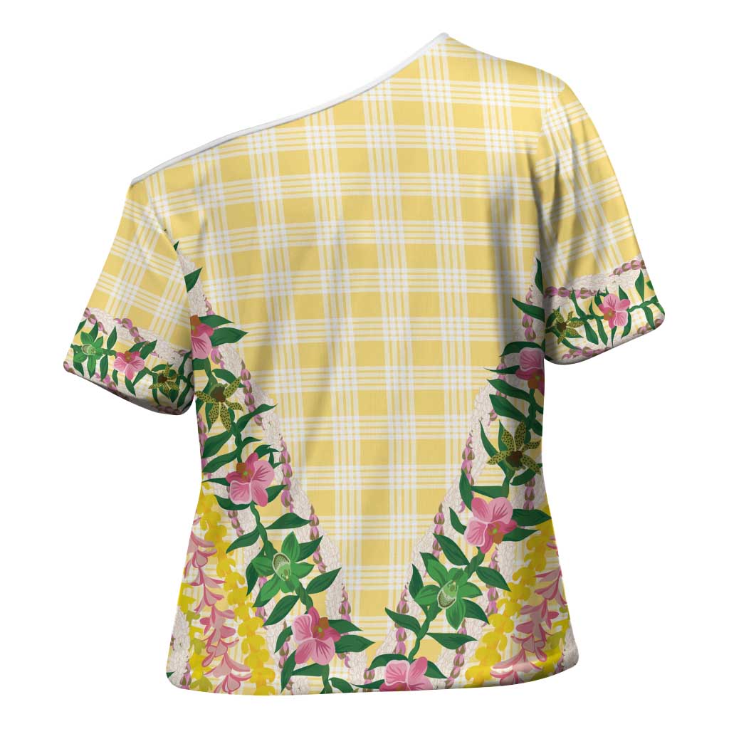 Hawaii Pikake Lokelani Plumeria Lei Cross Shoulder Shirt Yellow Palaka Motifs LT05 - Polynesian Pride
