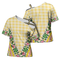 Hawaii Pikake Lokelani Plumeria Lei Cross Shoulder Shirt Yellow Palaka Motifs LT05 - Polynesian Pride