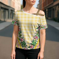 Hawaii Pikake Lokelani Plumeria Lei Cross Shoulder Shirt Yellow Palaka Motifs LT05 - Polynesian Pride