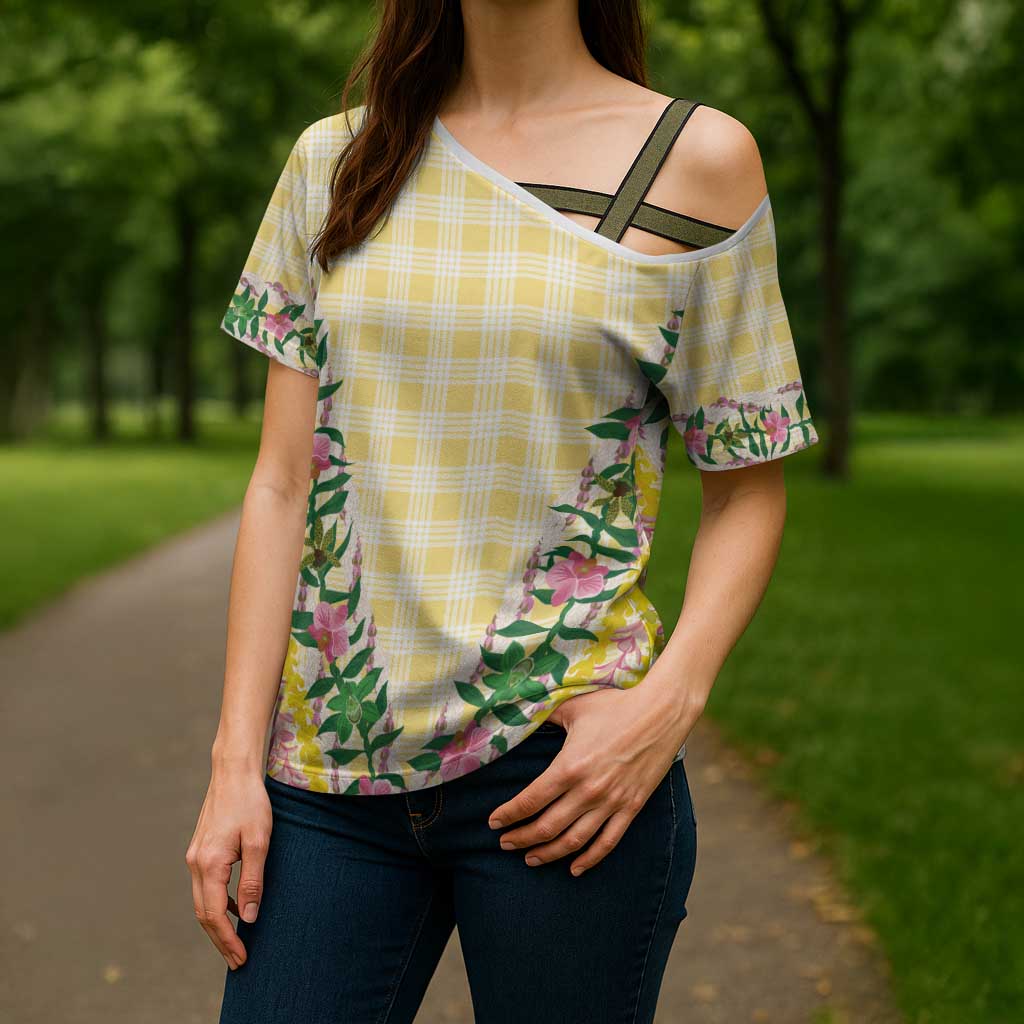 Hawaii Pikake Lokelani Plumeria Lei Cross Shoulder Shirt Yellow Palaka Motifs LT05 - Polynesian Pride