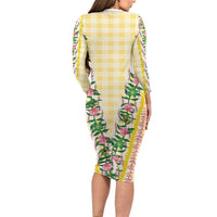 Hawaii Pikake Lokelani Plumeria Lei Family Matching Long Sleeve Bodycon Dress and Hawaiian Shirt Yellow Palaka Motifs LT05 - Polynesian Pride