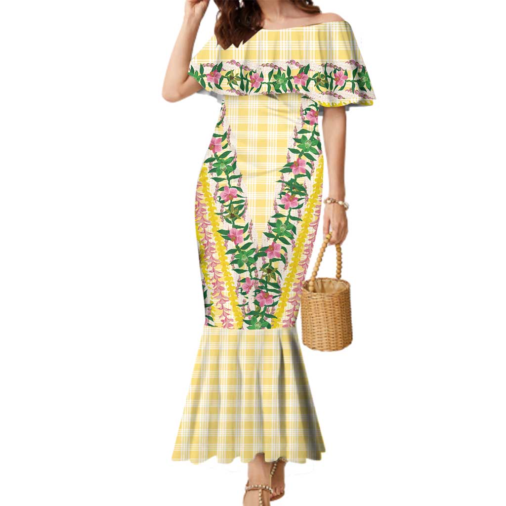 Hawaii Pikake Lokelani Plumeria Lei Family Matching Mermaid Dress and Hawaiian Shirt Yellow Palaka Motifs LT05 Mom's Dress Yellow - Polynesian Pride