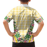 Hawaii Pikake Lokelani Plumeria Lei Family Matching Off The Shoulder Long Sleeve Dress and Hawaiian Shirt Yellow Palaka Motifs LT05 - Polynesian Pride