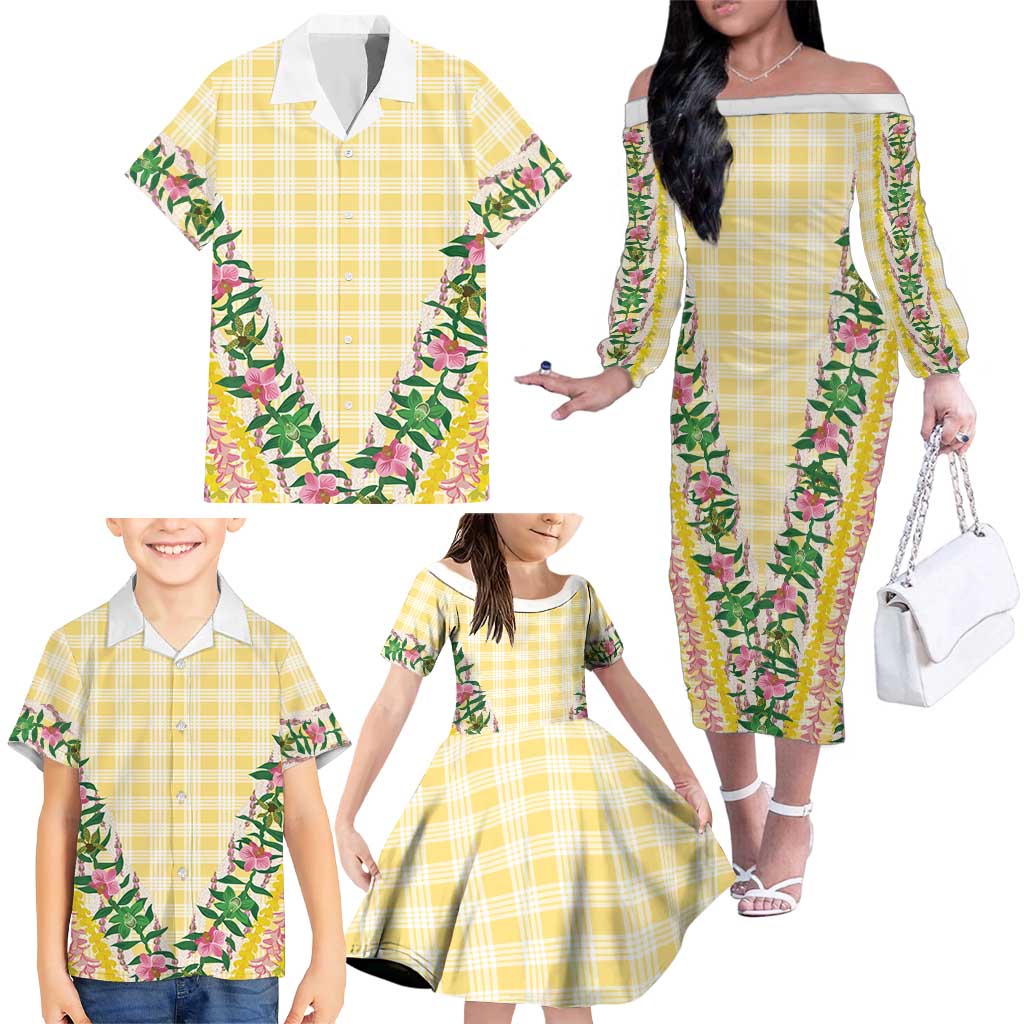 Hawaii Pikake Lokelani Plumeria Lei Family Matching Off The Shoulder Long Sleeve Dress and Hawaiian Shirt Yellow Palaka Motifs