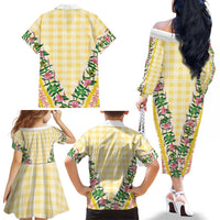 Hawaii Pikake Lokelani Plumeria Lei Family Matching Off The Shoulder Long Sleeve Dress and Hawaiian Shirt Yellow Palaka Motifs LT05 - Polynesian Pride