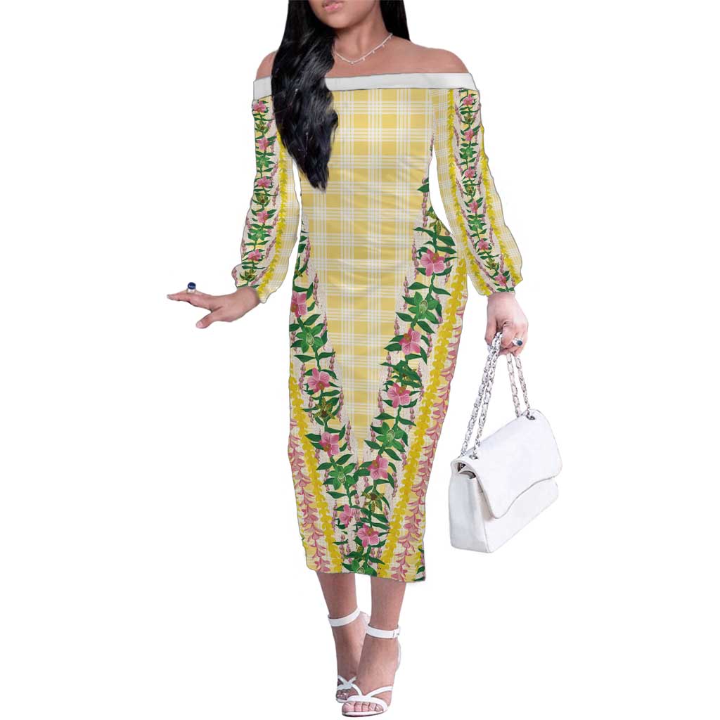 Hawaii Pikake Lokelani Plumeria Lei Family Matching Off The Shoulder Long Sleeve Dress and Hawaiian Shirt Yellow Palaka Motifs LT05 Mom's Dress Yellow - Polynesian Pride
