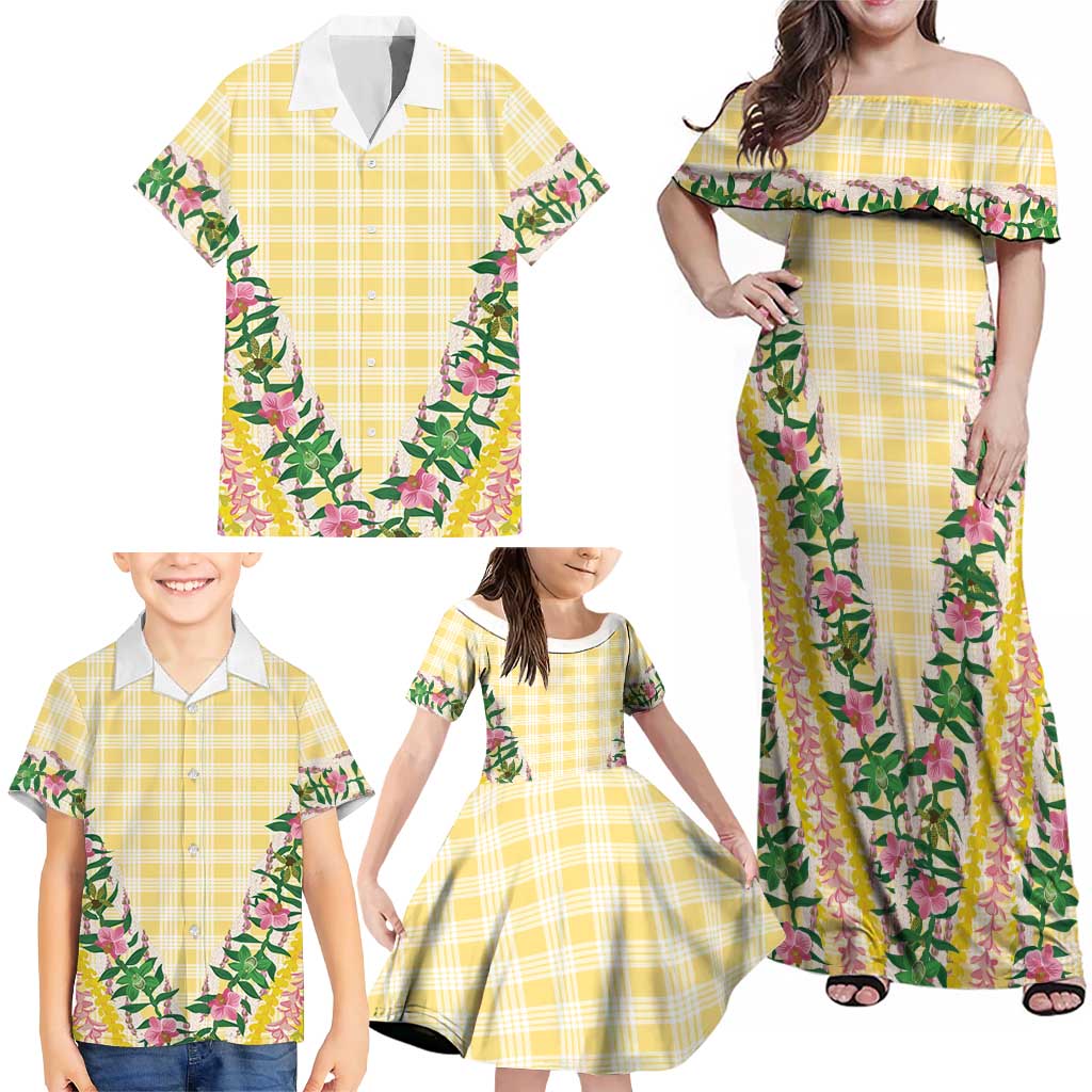 Hawaii Pikake Lokelani Plumeria Lei Family Matching Off Shoulder Maxi Dress and Hawaiian Shirt Yellow Palaka Motifs