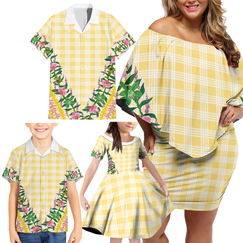 Hawaii Pikake Lokelani Plumeria Lei Family Matching Off Shoulder Short Dress and Hawaiian Shirt Yellow Palaka Motifs LT05 - Polynesian Pride