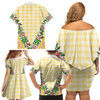 Hawaii Pikake Lokelani Plumeria Lei Family Matching Off Shoulder Short Dress and Hawaiian Shirt Yellow Palaka Motifs LT05 - Polynesian Pride