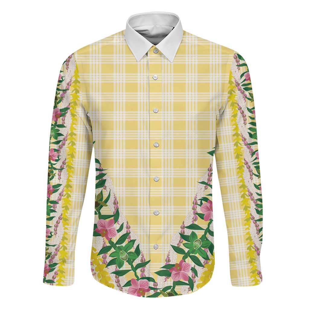 Hawaii Pikake Lokelani Plumeria Lei Family Matching Puletasi and Hawaiian Shirt Yellow Palaka Motifs LT05 Dad's Shirt - Long Sleeve Yellow - Polynesian Pride