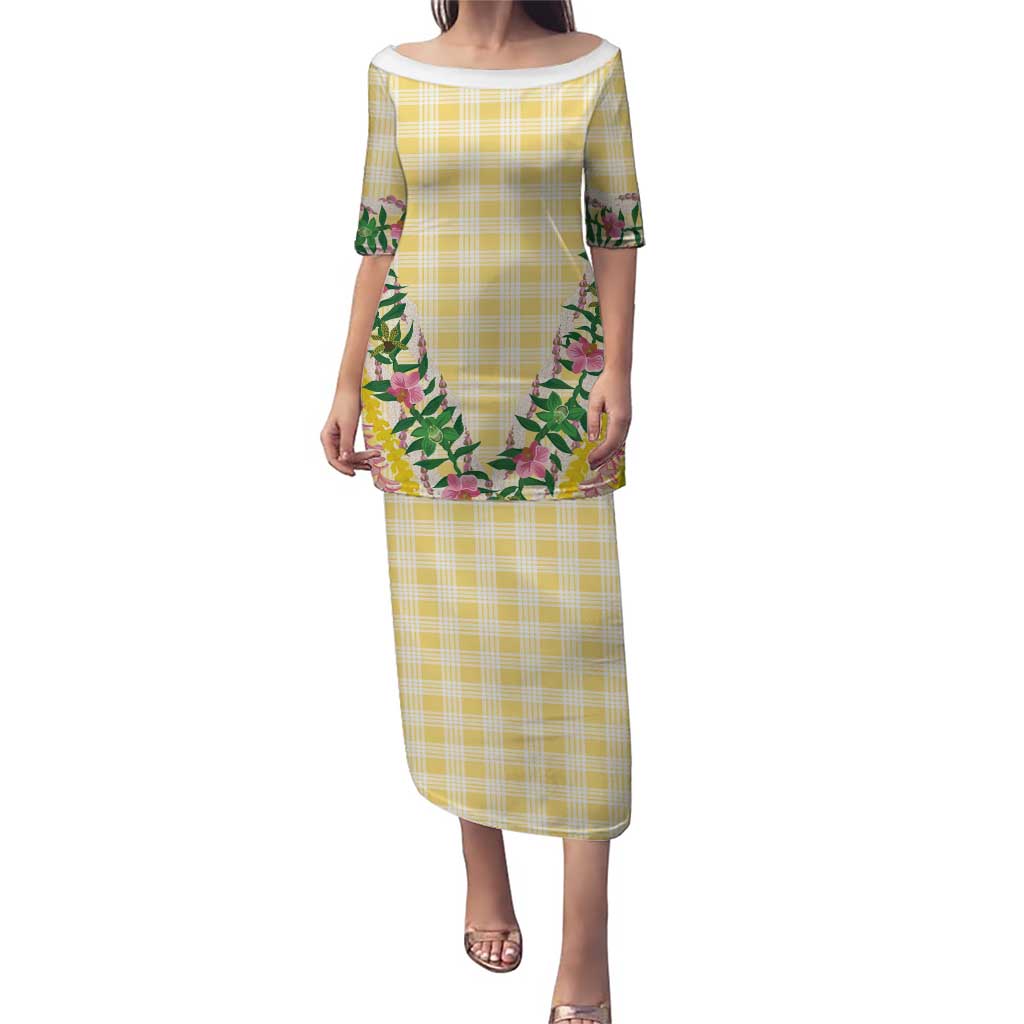 Hawaii Pikake Lokelani Plumeria Lei Family Matching Puletasi and Hawaiian Shirt Yellow Palaka Motifs LT05 Mom's Dress Yellow - Polynesian Pride