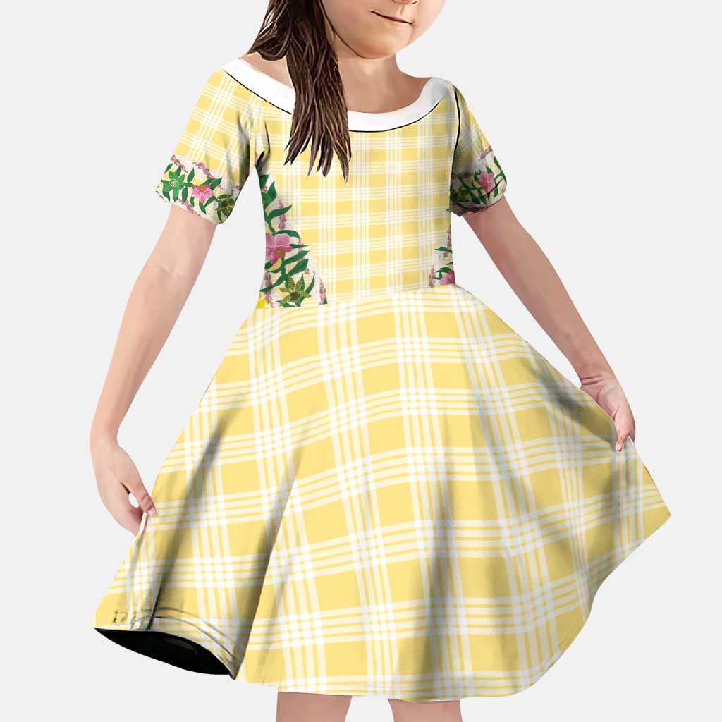 Hawaii Pikake Lokelani Plumeria Lei Family Matching Tank Maxi Dress and Hawaiian Shirt Yellow Palaka Motifs LT05 Daughter's Dress Yellow - Polynesian Pride