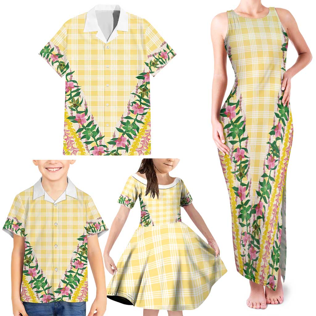 Hawaii Pikake Lokelani Plumeria Lei Family Matching Tank Maxi Dress and Hawaiian Shirt Yellow Palaka Motifs LT05 - Polynesian Pride