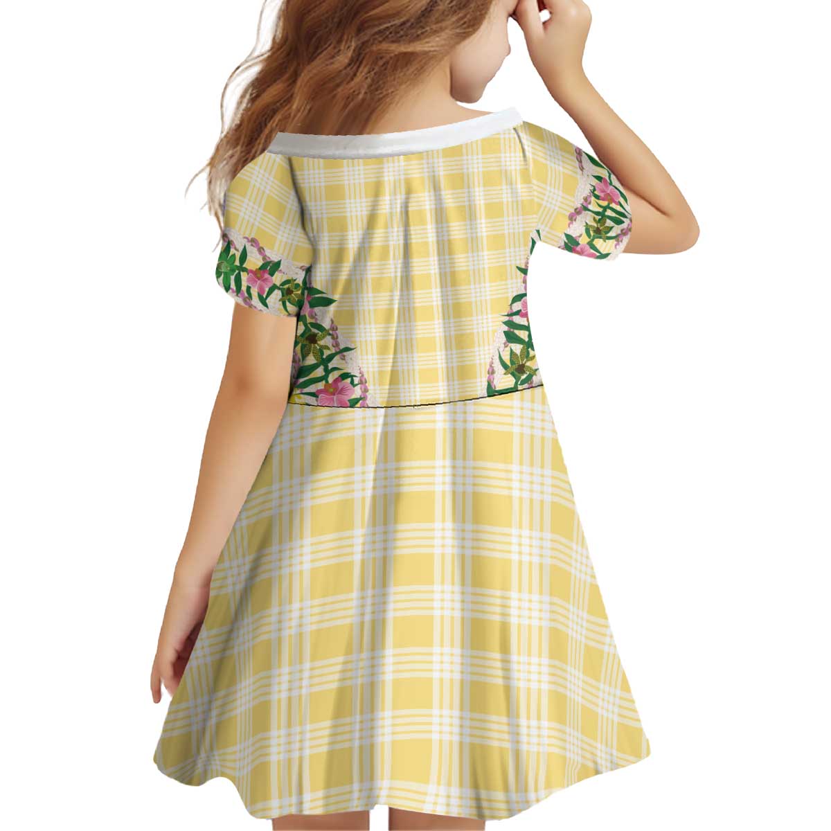 Hawaii Pikake Lokelani Plumeria Lei Kid Short Sleeve Dress Yellow Palaka Motifs LT05 - Polynesian Pride