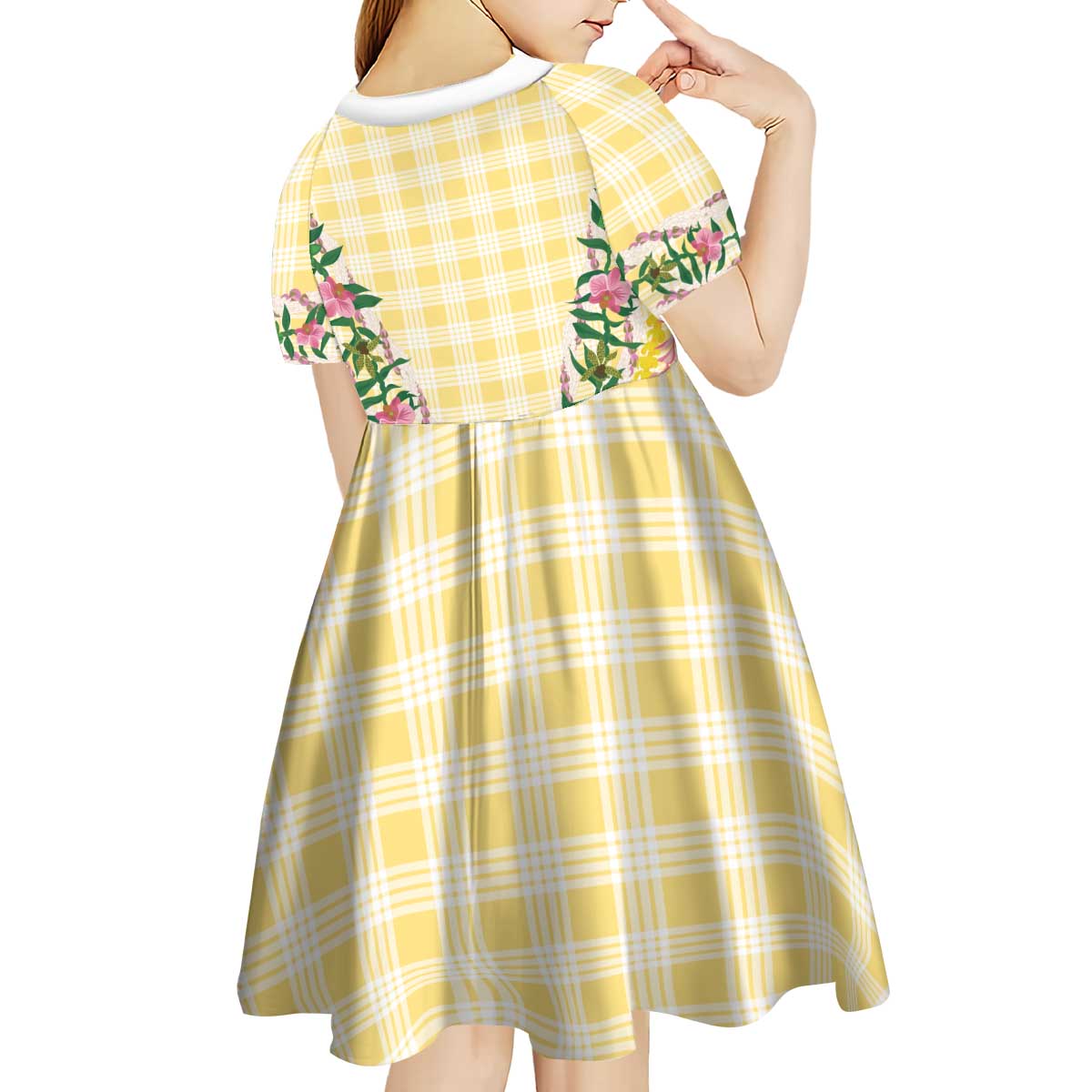 Hawaii Pikake Lokelani Plumeria Lei Kid Short Sleeve Dress Yellow Palaka Motifs LT05 - Polynesian Pride