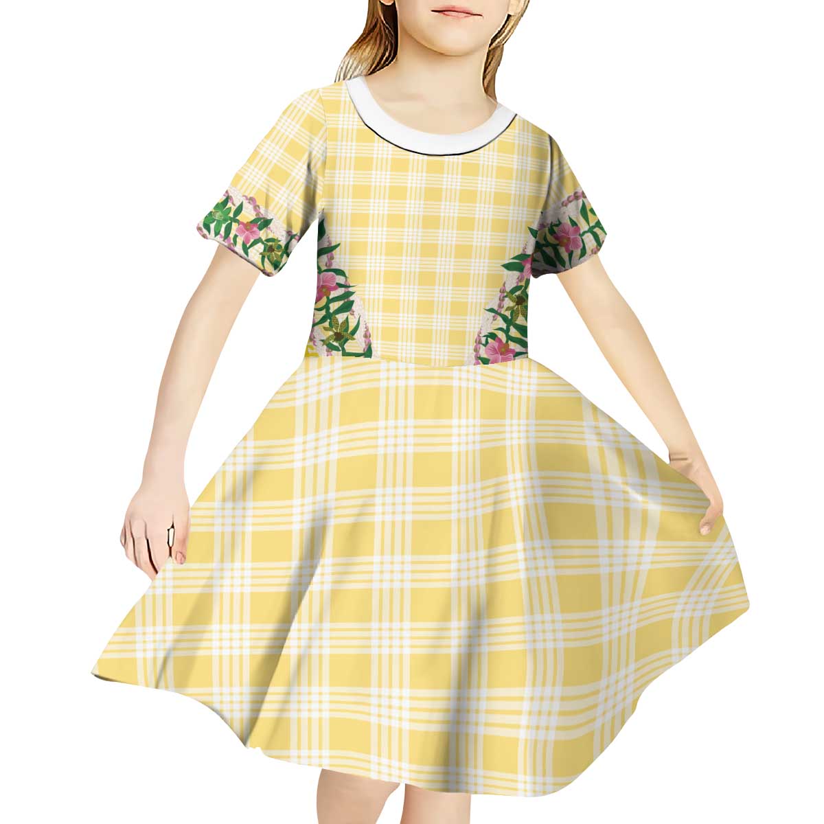 Hawaii Pikake Lokelani Plumeria Lei Kid Short Sleeve Dress Yellow Palaka Motifs LT05 - Polynesian Pride