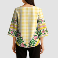 Hawaii Pikake Lokelani Plumeria Lei Kimono Sleeve Blouse Yellow Palaka Motifs