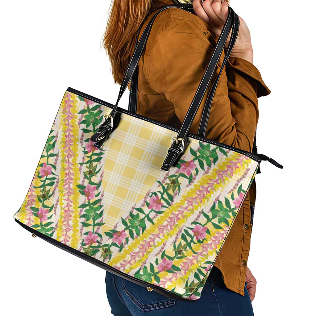 Hawaii Pikake Lokelani Plumeria Lei Leather Tote Bag Yellow Palaka Motifs