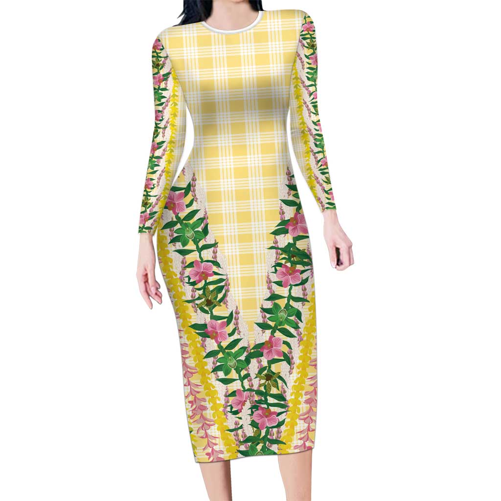 Hawaii Pikake Lokelani Plumeria Lei Long Sleeve Bodycon Dress Yellow Palaka Motifs LT05 Long Dress Yellow - Polynesian Pride