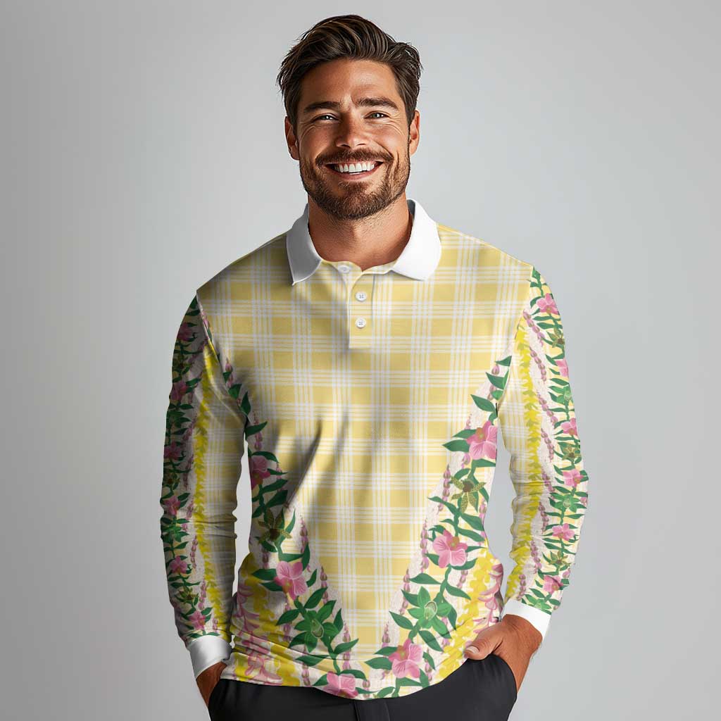 Hawaii Pikake Lokelani Plumeria Lei Long Sleeve Polo Shirt Yellow Palaka Motifs LT05 - Polynesian Pride