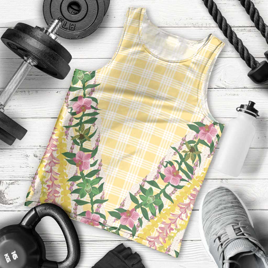 Hawaii Pikake Lokelani Plumeria Lei Men Tank Top Yellow Palaka Motifs