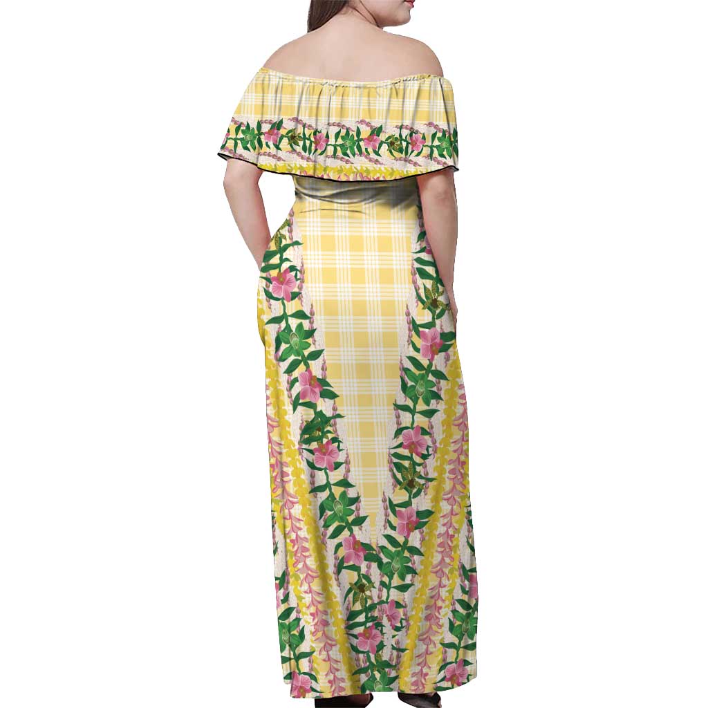 Hawaii Pikake Lokelani Plumeria Lei Off Shoulder Maxi Dress Yellow Palaka Motifs LT05 - Polynesian Pride