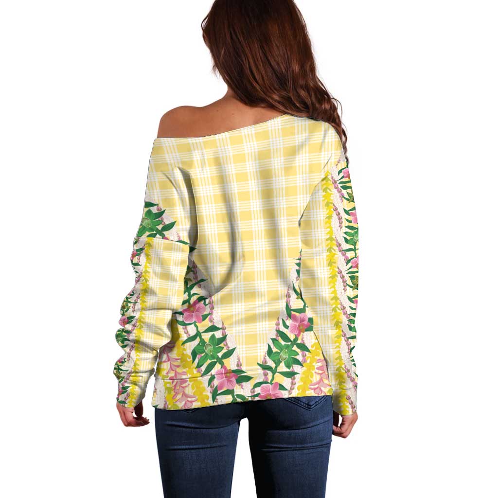 Hawaii Pikake Lokelani Plumeria Lei Off Shoulder Sweater Yellow Palaka Motifs