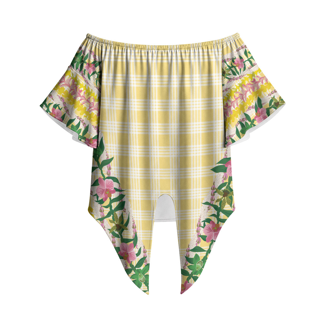 Hawaii Pikake Lokelani Plumeria Lei Off Shoulder Wrap Waist Top Yellow Palaka Motifs LT05 Yellow - Polynesian Pride