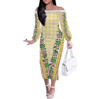 Hawaii Pikake Lokelani Plumeria Lei Off The Shoulder Long Sleeve Dress Yellow Palaka Motifs LT05 Women Yellow - Polynesian Pride