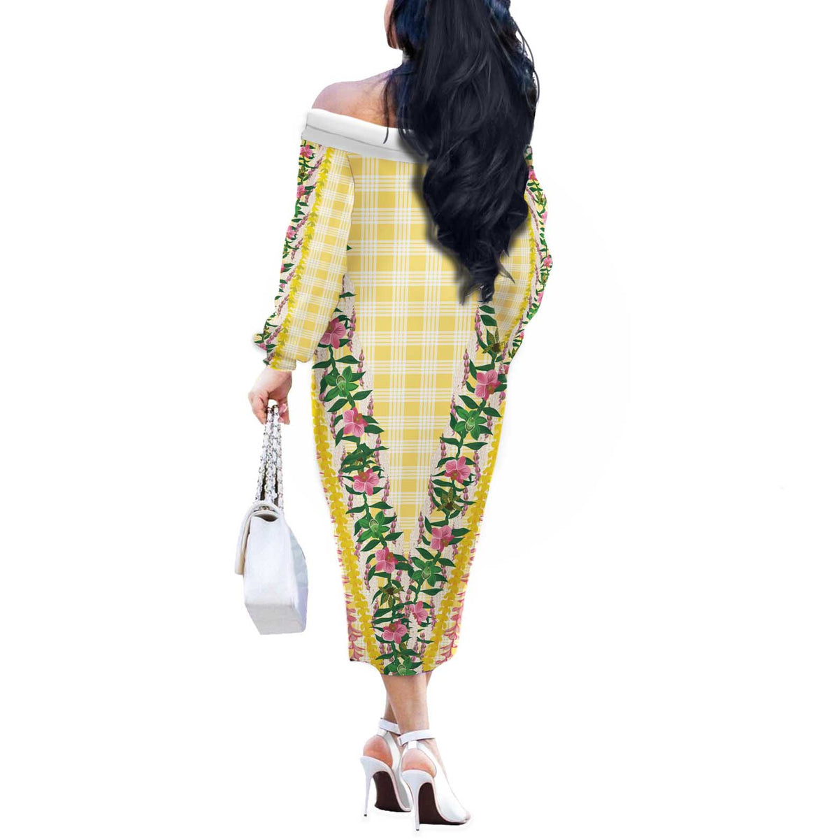 Hawaii Pikake Lokelani Plumeria Lei Off The Shoulder Long Sleeve Dress Yellow Palaka Motifs LT05 - Polynesian Pride