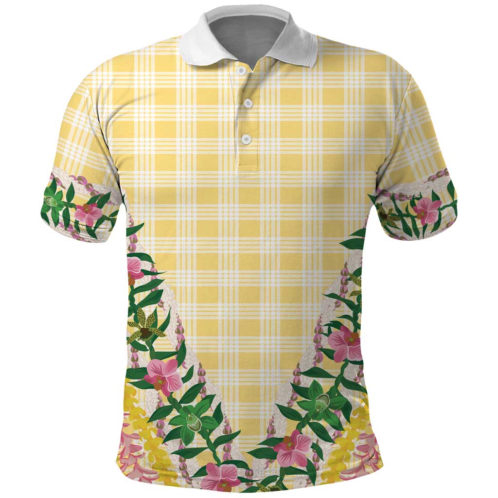 Hawaii Pikake Lokelani Plumeria Lei Polo Shirt Yellow Palaka Motifs