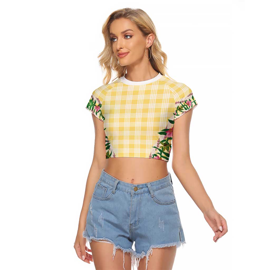Hawaii Pikake Lokelani Plumeria Lei Raglan Cropped T Shirt Yellow Palaka Motifs LT05 Female Yellow - Polynesian Pride