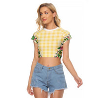 Hawaii Pikake Lokelani Plumeria Lei Raglan Cropped T Shirt Yellow Palaka Motifs LT05 Female Yellow - Polynesian Pride