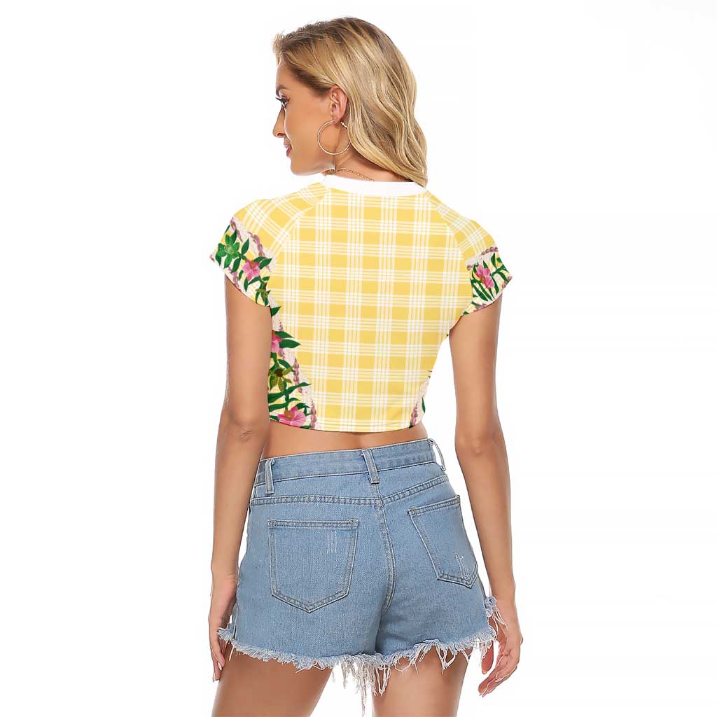 Hawaii Pikake Lokelani Plumeria Lei Raglan Cropped T Shirt Yellow Palaka Motifs LT05 - Polynesian Pride