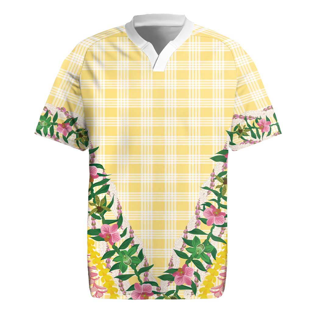 Hawaii Pikake Lokelani Plumeria Lei Rugby Jersey Yellow Palaka Motifs