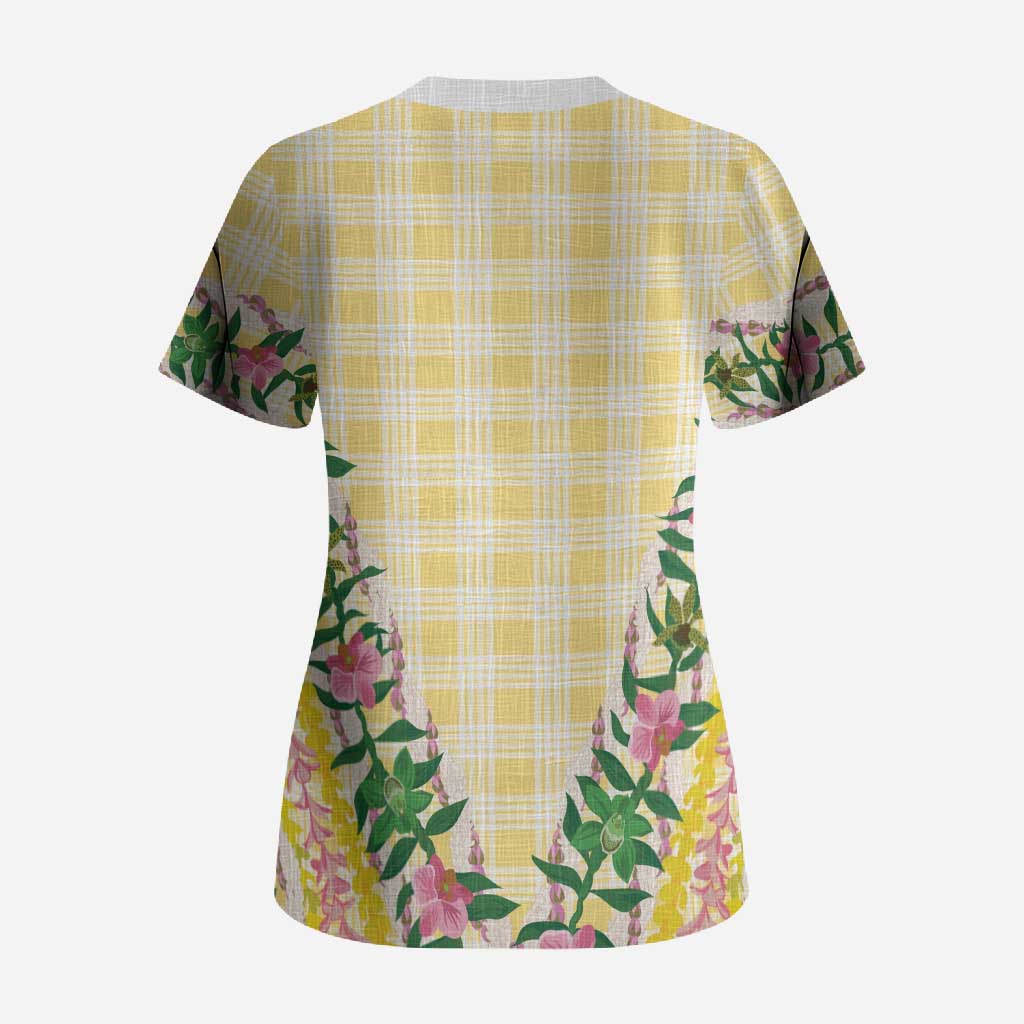Hawaii Pikake Lokelani Plumeria Lei Scrub Top Yellow Palaka Motifs