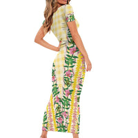 Hawaii Pikake Lokelani Plumeria Lei Short Sleeve Bodycon Dress Yellow Palaka Motifs LT05 - Polynesian Pride