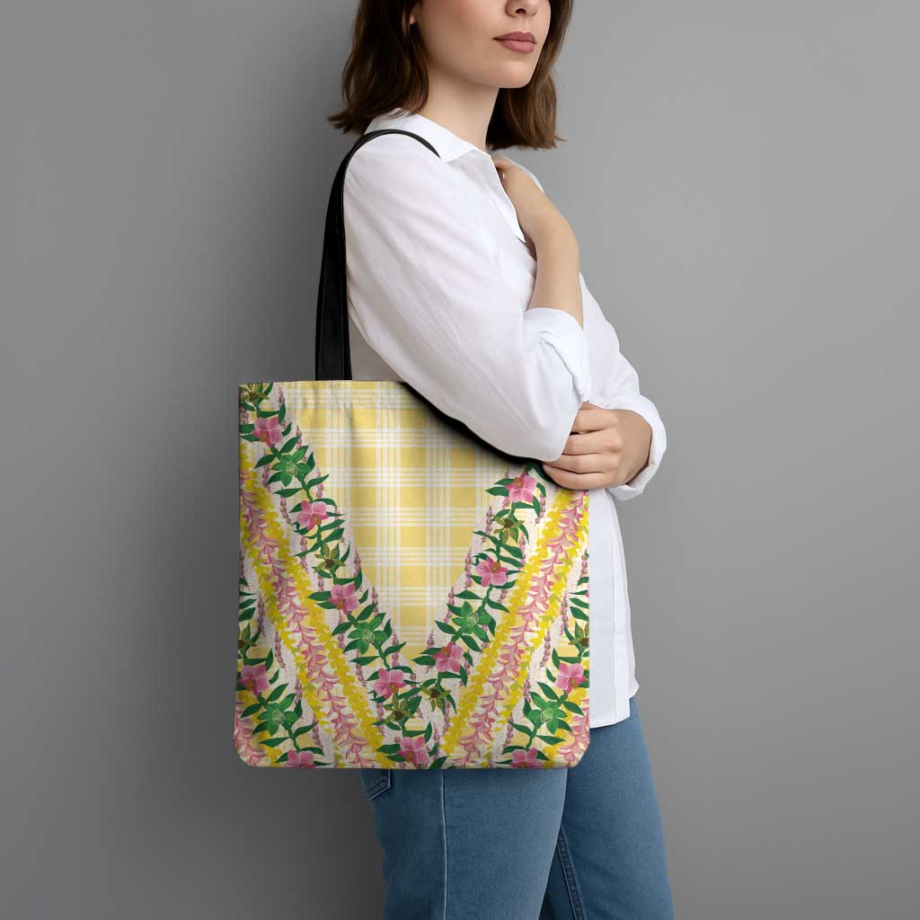 Hawaii Pikake Lokelani Plumeria Lei Tote Bag Yellow Palaka Motifs