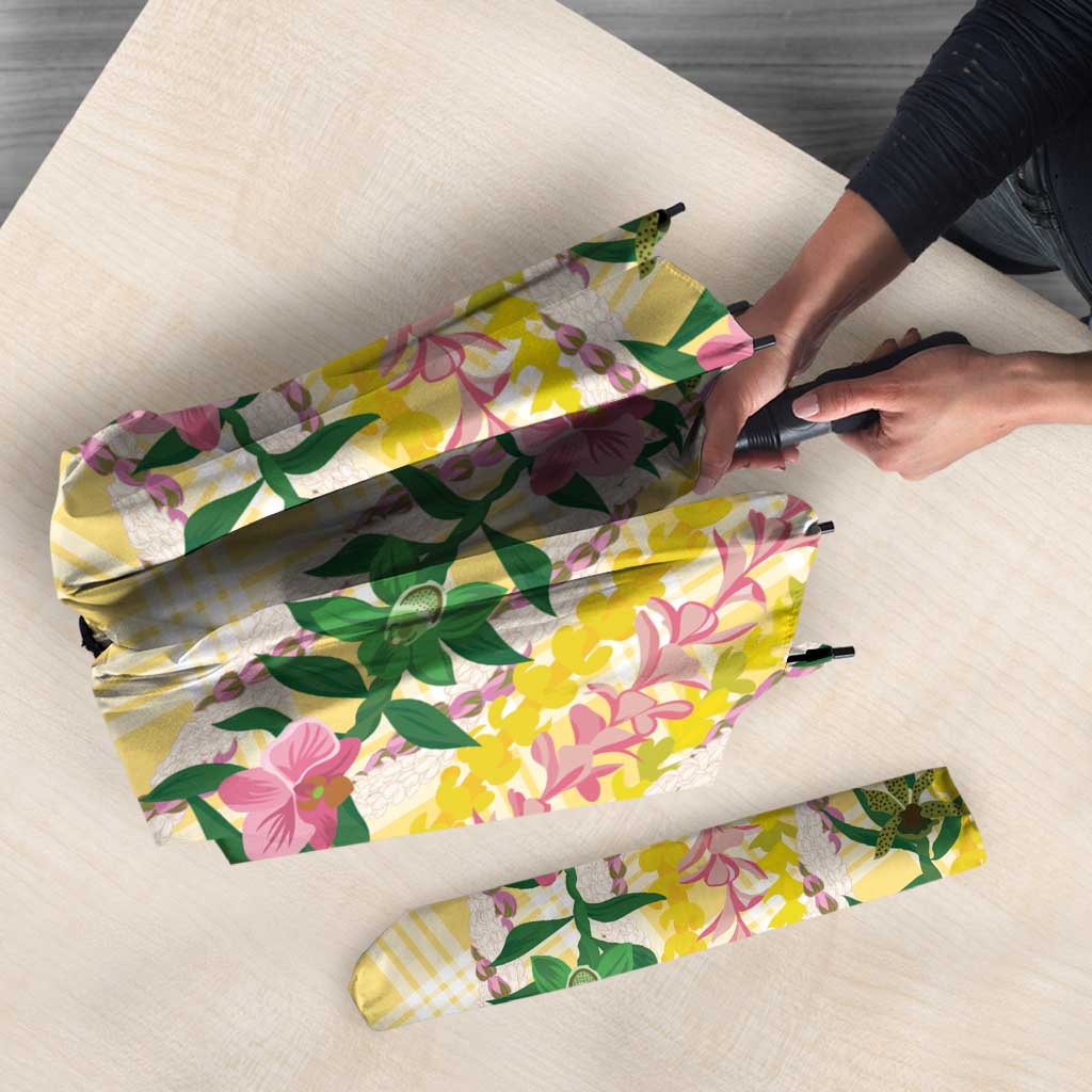Hawaii Pikake Lokelani Plumeria Lei Umbrella Yellow Palaka Motifs