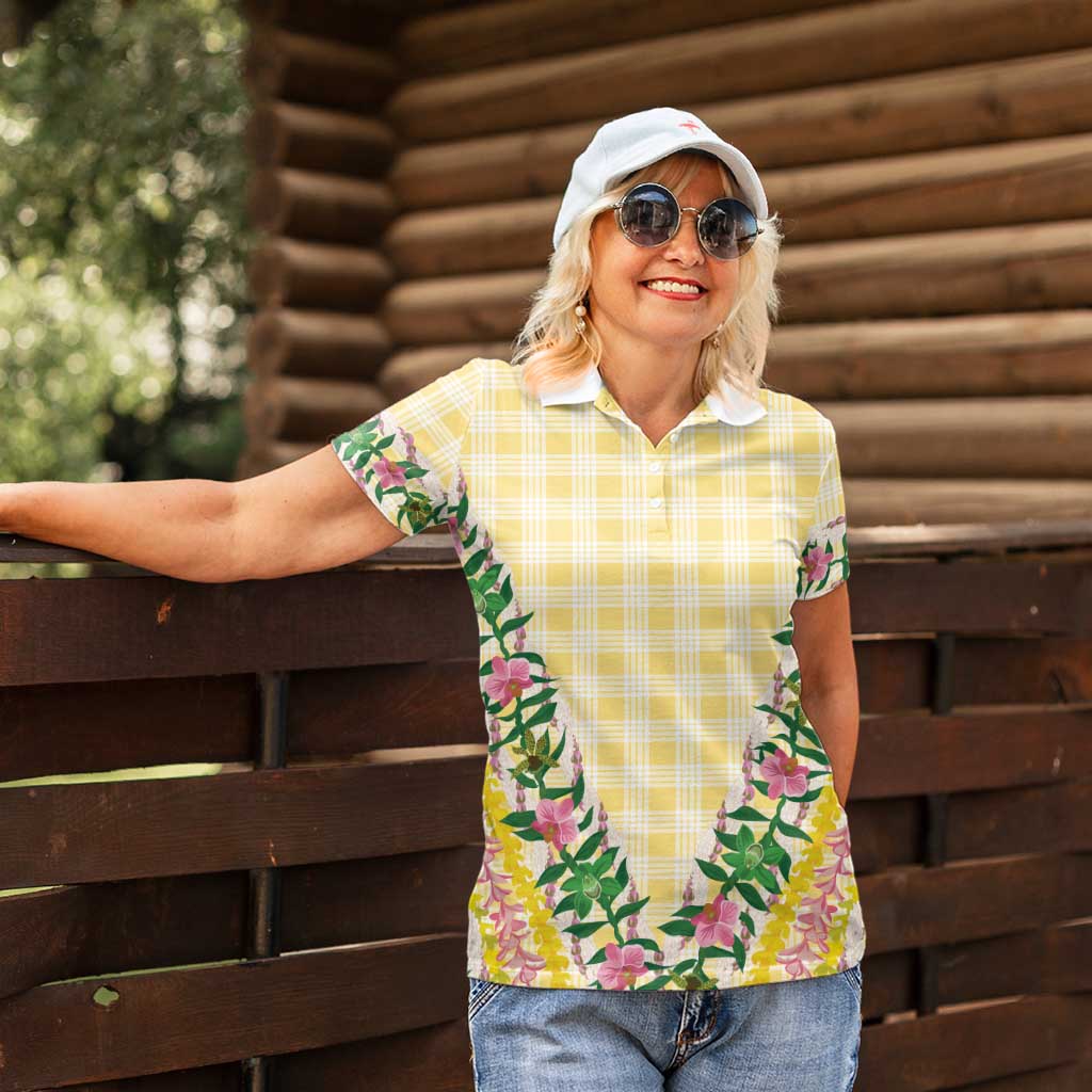 Hawaii Pikake Lokelani Plumeria Lei Women Polo Shirt Yellow Palaka Motifs LT05 - Polynesian Pride