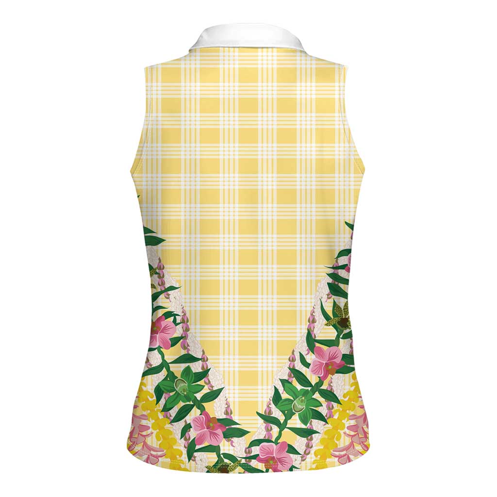 Hawaii Pikake Lokelani Plumeria Lei Women Sleeveless Polo Shirt Yellow Palaka Motifs LT05 - Polynesian Pride