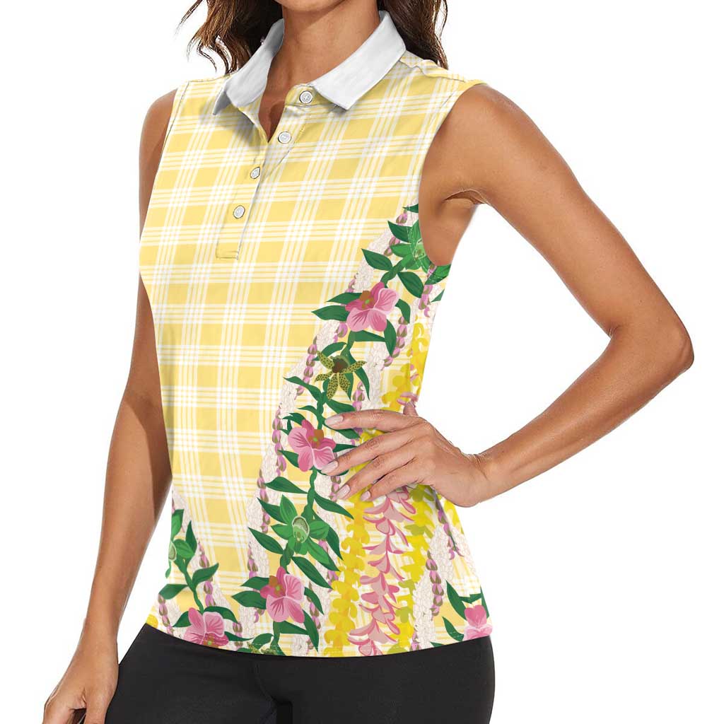 Hawaii Pikake Lokelani Plumeria Lei Women Sleeveless Polo Shirt Yellow Palaka Motifs LT05 - Polynesian Pride