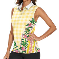 Hawaii Pikake Lokelani Plumeria Lei Women Sleeveless Polo Shirt Yellow Palaka Motifs LT05 - Polynesian Pride