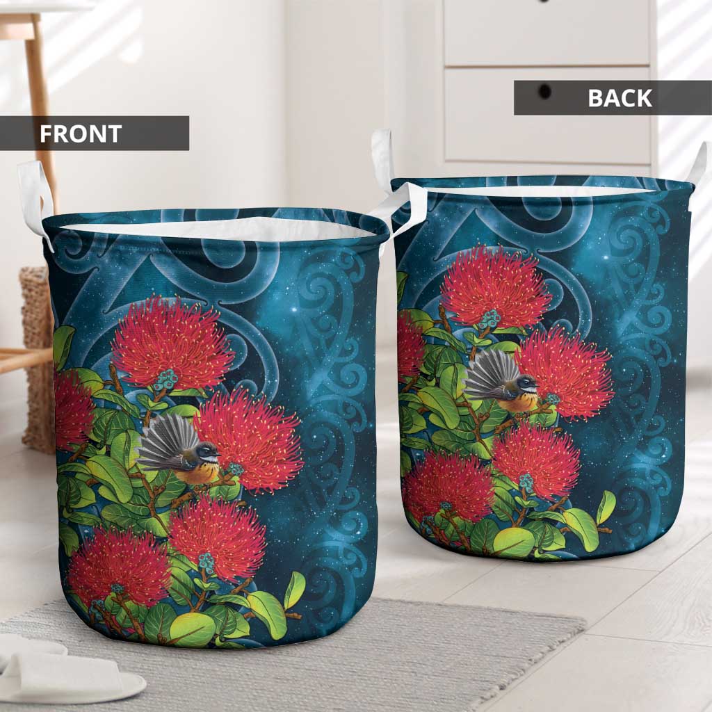 New Zealand Matariki Piwakawaka Laundry Basket Maori Koru With Pohutukawa Flowers LT05 - Polynesian Pride